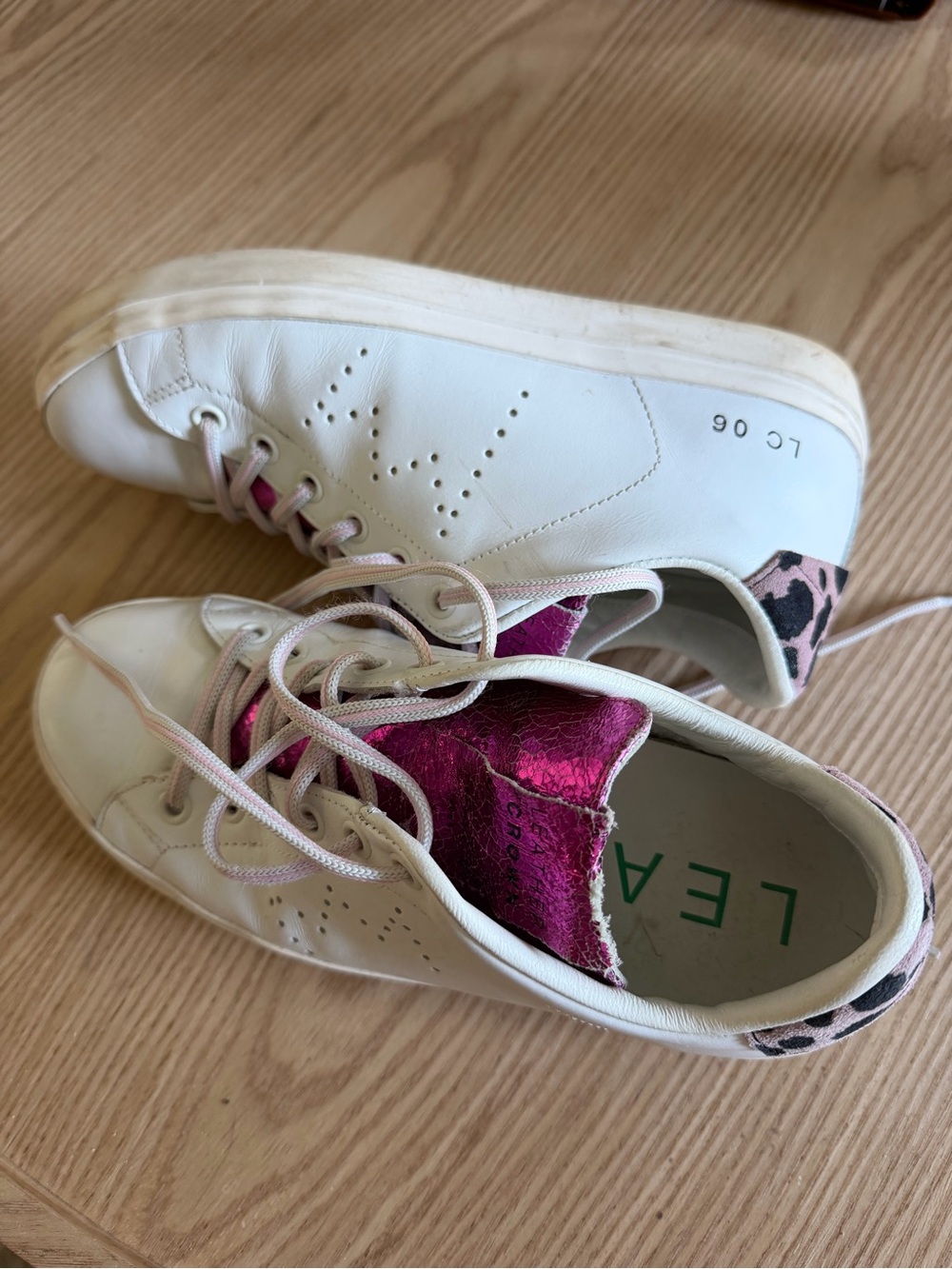 Leather Crown White Sneakers with Pink Metallic Tongue and Leopard Heel size 6.5